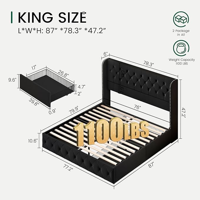 LARMACE King Size Bed Frame with 4 Storage Drawers and 47.2" Tall Tufted Headboard Velvet Upholstered Platform Bed Frame Wingback Beds with Wooden Slats Support, Easy Assembly, Black