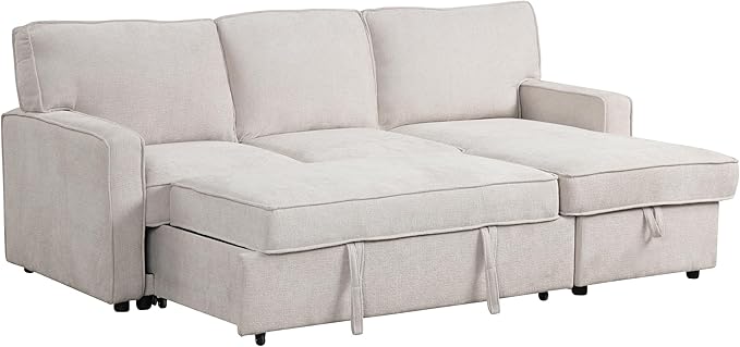 LUMISOL 89" Convertible Sleeper Sofa Bed, Modern L-Shaped Sectional Couch Bed with Convertible Chaise, Chenille Pull Out Sofa with Cup Holders & Charging Station for Living Room, Beige