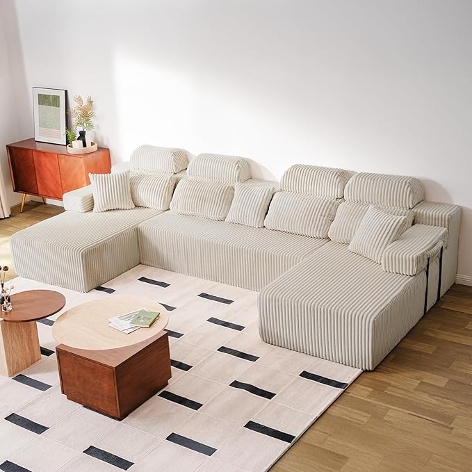 141’’ Cloud Sectional Couch with High Backrest, Convertible U-Shaped Modular Sectional Sofa with Deep Seat, Soft Corduroy Upholstery, Boneless Couches Comfortable for Living Room(Beige)