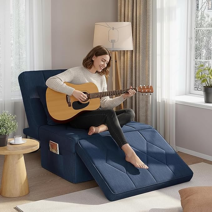 Convertible Sofa Bed with 5-Level Adjustable Backrest, 74" D x 28" W 4-in-1 Folding Ottoman Sleeper Chair Bed, Modern Single Futon Couch for Living Room Apartment Dorm Small Space, Navy Blue