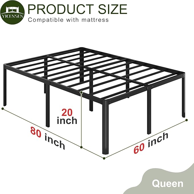 Yicensen 20 Inch Queen Bed Frame Rounded Corner Legs Platform Bed Frame Queen Size, Heavy Duty Easy Assembly, Noise Free, No Box Spring Needed, Black.