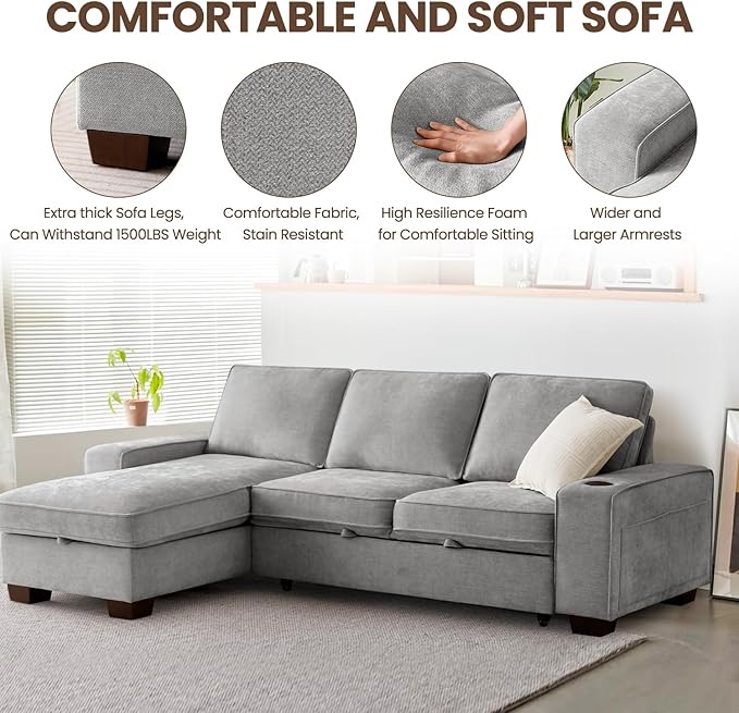 ASHOMELI 99" Convertible Sleeper Sofa Bed,L Shaped with Storage Chaise Pull Out Couch for Living Room,USB and Type-C,Removable Washable Chenille Covers (Gray)