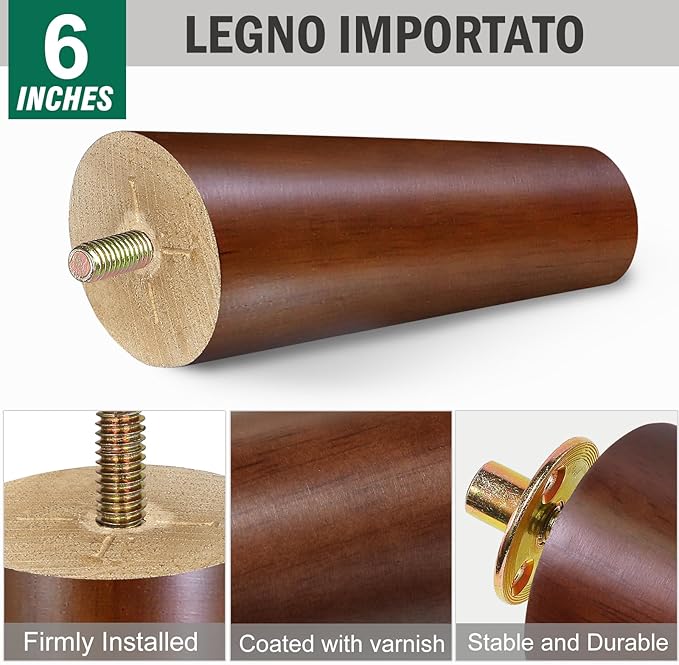 FoDau770 Brown Rubber Wood Furniture Legs 6 Inches, Slant Tapered Wood Feet Mid Century Sofa Legs Set of 8, 5/16" UNC Furniture Feet Replacement Parts for Cabinet Couch Dresser Chair Ottoman Table
