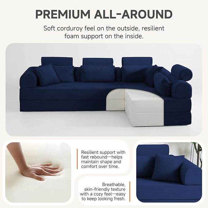 Boneless Sectional for Small Spaces, 106” L Shaped Couch from Two 70.87” Modules, Reconfigures to 141.7” Straight Sofa, Corduroy Compressed Couch in a Box with Headrest Back Pillows, Dark Blue