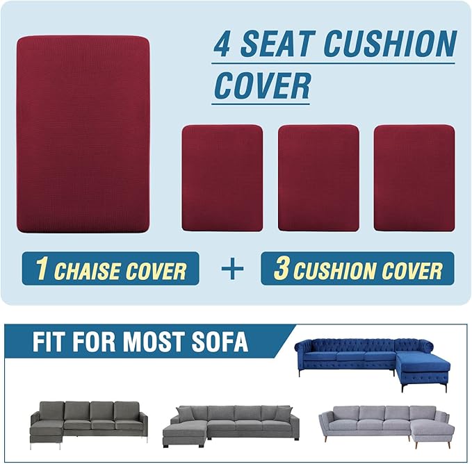 H.VERSAILTEX Sectional Couch Covers 4 Pieces Sofa Seat Cushion Covers L Shape Separate Cushion Couch Chaise Cover for Both Left/Right Sectional Couch (Seat Only: 1 Chaise + 3 Sofa, Burgundy)