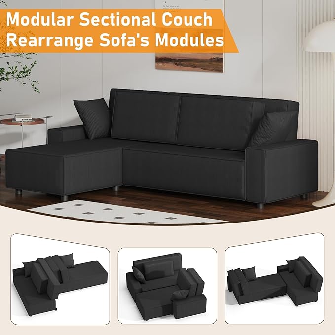 GAOMON Fine Stripe Corduroy Sectional Sofa, l Shaped Modern Corduroy Couch, Comfy Sofa Couch with Deep Chaise for Living Room, Apartment, Hotel, 96" w*61" d*32" h, Black