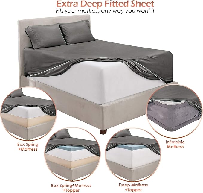 Hearth & Harbor Extra Deep Pocket Sheets - Fits Mattress 18-24 Inches Deep - Extra Deep Pocket Twin XL Sheets Sets - 4 Piece Twin XL Size - Gray