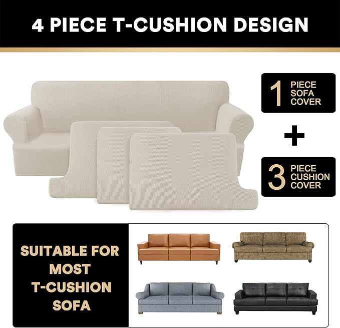 PrinceDeco T Cushion Sofa Slipcover 4 Pieces Sofa Covers for T Cushion Couch Soft Sofa Slip Covers Furniture Protector with 3 Individual T Shape Seat Covers (70"-88"), Island Fossi