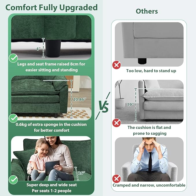 Oversized Modular Sectional Sofa, 111.8 Inch L Shaped Cloud Couch Set, 3-Seat Comfy Convertible Sofa with 1 Movable Ottoman, DIY Combination Sleeper Couch for Living Room(Chenille, Green)