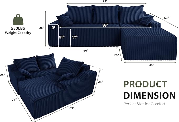 HABUTWAY 94'' Cloud Sectional Couch, Boneless Sofa with Deep Seat, Modular Comfy L-Shape Couch with Chaise for Living Room Bedroom, No Assembly Required(Blue,Right Facing Chaise)
