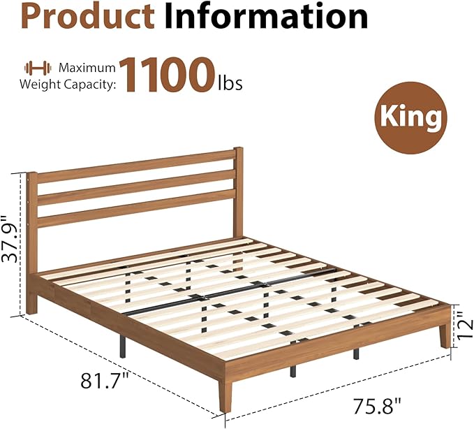 Sweetcrispy Solid Wood Bed Frame - King Size Mattress Foundation with Headboard, No Box Spring Needed with 1100LBS Sturdy Wooden Slats Support, Noise Free, Easy Assembly