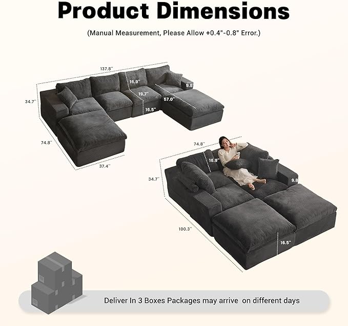 137.8” Sectional Couches for Living Room, Set of Cloud Couch, Modular Sectional Sofa, Convertible Sofas Bed, Deep Seat Sofa, U Shaped Cozy Sofa Furniture Set, Corduroy, Gray