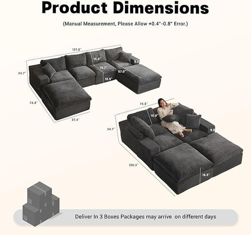 137.8” Sectional Couches for Living Room, Set of Cloud Couch, Modular Sectional Sofa, Convertible Sofas Bed, Deep Seat Sofa, U Shaped Cozy Sofa Furniture Set, Corduroy, Gray