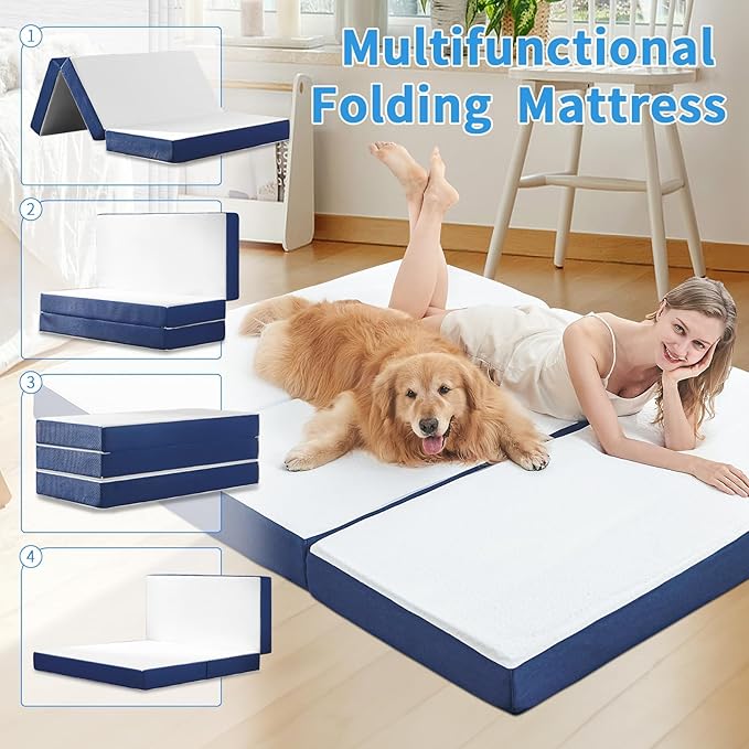 CYMULA Folding Mattress Queen Size,4 inch Memory Foam Tri Portable Trifold Mattress Topper Queen with Breathable & Washable Cover, Foldable Guest Bed for Camping