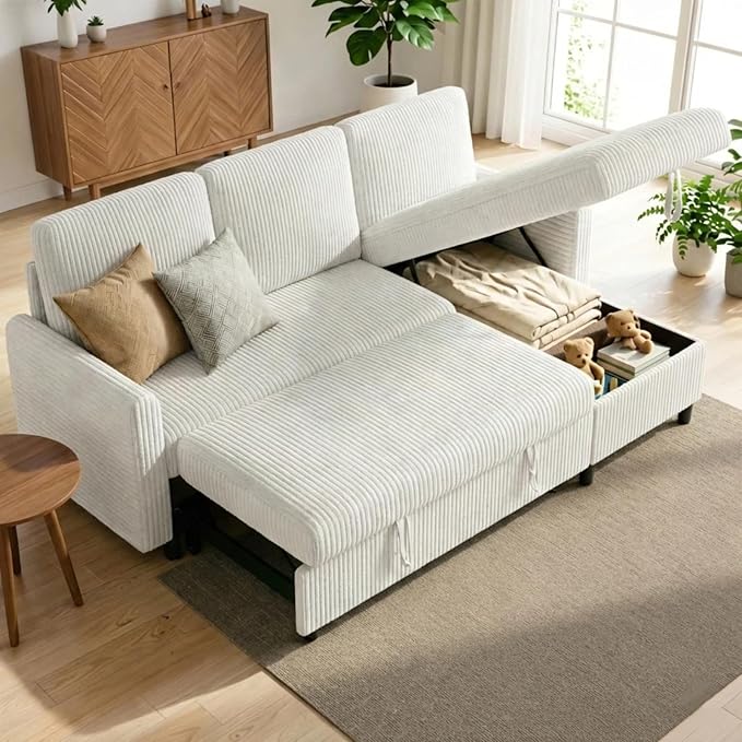 JAMFLY Pull Out Sleeper Sectional Sofa, L Shaped Corduroy Couch with Hidden Storage, Convertible Sofa Bed for Small Living Rooms and Apartments, White