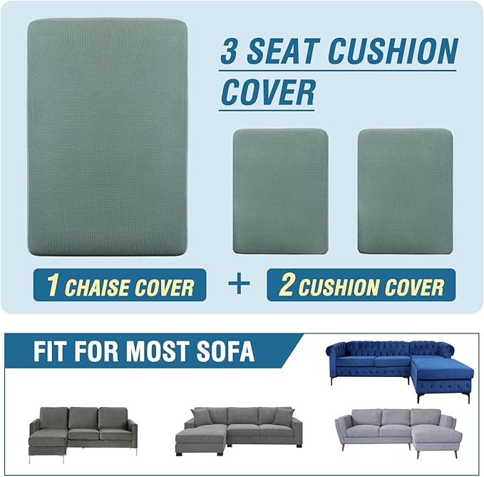 H.VERSAILTEX Sectional Couch Covers 3 Pieces Sofa Seat Cushion Covers L Shape Separate Cushion Couch Chaise Cover for Both Left/Right Sectional Couch (Seat Only: 1 Chaise + 2 Sofa, Sage)