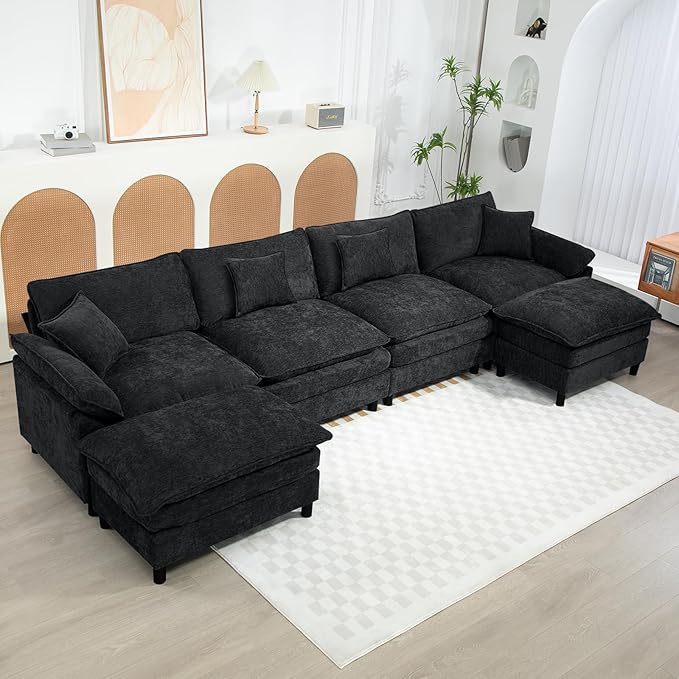 Oversized Modular Sectional Sofa, 146.5 Inch U Shaped Cloud Couch Set, 4-Seat Comfy Convertible Sofa with 2 Movable Ottoman, DIY Combination Sleeper Couch for Living Room(Chenille, Black)