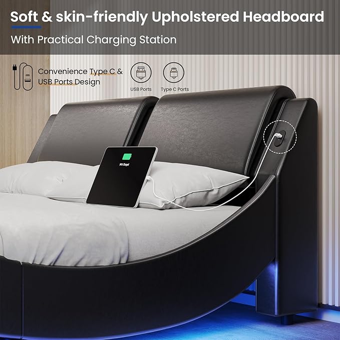 DICTAC Queen Bed Frame with Led Lights and Charging Ports Modern Upholstered Queen Size Platform Bed with Headboard Faux Leather Wave Like Curve Low Profile Platform Bed Frame,Wood Slats Support,Black