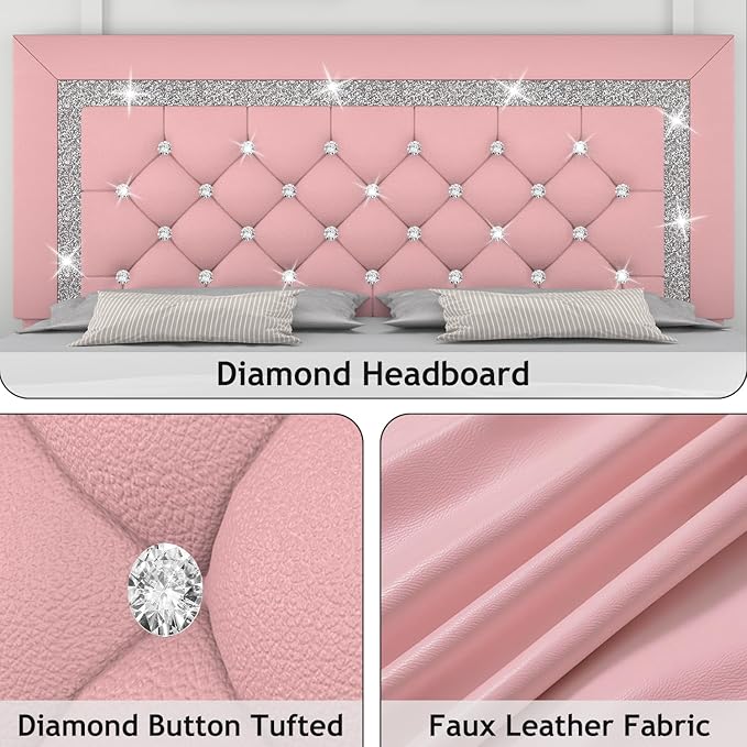 Queen Bed Frame, Faux Leather Platform Bed with Upholstered Diamond Headboard, Mattress Foundation with Strong Wooden Slats Support, No Box Spring Required, Easy Assembly, Pink