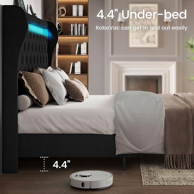 Belffin King Size Bed Frame with Headboard,50" Tall Headboard Upholstered Velvet Platform Bed with LED Lights & 2 USB Port/1 Type C Port, Button Tufted, No Box Spring Needed,Noise Free,Black