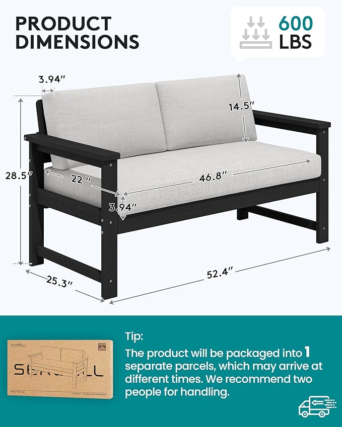 SERWALL Black HDPE Outdoor Loveseat with Khaki Cushions, All Weather Use Outdoor Loveseat Sofa, Black Frame with Khaki Cushions