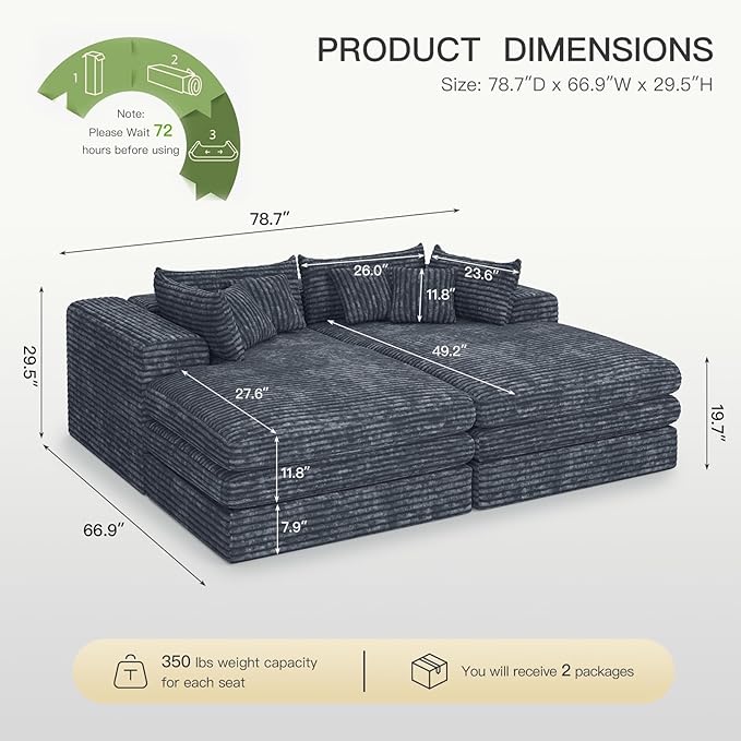 Belffin Double Chaise Lounge Sofa Bed Plush Corduroy Boneless Sectional Cloud Couches for Living Room Boneless Cloud Couch with Deep Seat No Assembly Required. Grey Sofa