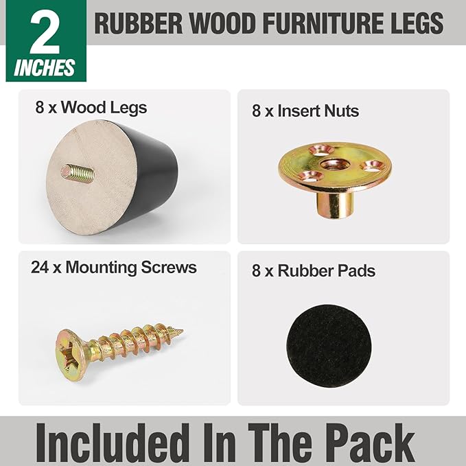 FoDau770 Black Rubber Wood Furniture Legs 2 Inches, Slant Tapered Wood Feet Mid Century Sofa Legs Set of 8, 5/16" UNC Furniture Feet Replacement Parts for Cabinet Couch Dresser Chair Ottoman Table