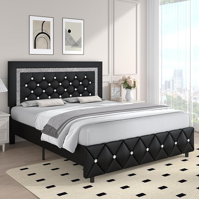 Full Bed Frame, Faux Leather Platform Bed with Upholstered Diamond Headboard, Mattress Foundation with Strong Wooden Slats Support, No Box Spring Required, Easy Assembly, Black
