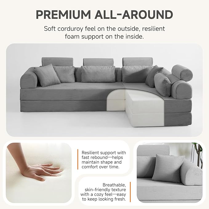 106" L-Shaped Boneless Sectional Couch, 2-Piece 70.87" Modules, Converts to 141.7" Extra-Long Straight Sofa, Corduroy Couch in a Box with Headrest & Back Pillows for Living Room, Light Grey