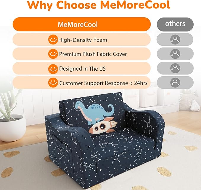MeMoreCool Toddler Couch, 2-in-1 Kids Couch Fold Out to Lounger, Comfy Toddler Chair for 1-3 Year Old, Soft Foam Kids Sofa with Washable Cover and Side Pocket, Midnight Galaxy