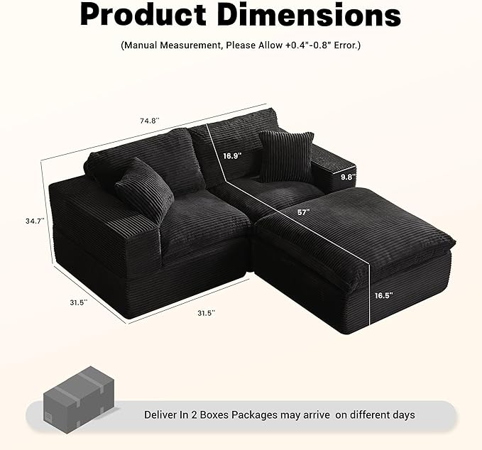74.8” Set of Cloud Couch, Modular Loveseat Sofa, Convertible Sofas Bed, Deep Seat Sofa, Cozy Sofa for Living Room, Office and Bedroom, L Shaped Cozy Sofa Furniture Set, Corduroy, Black