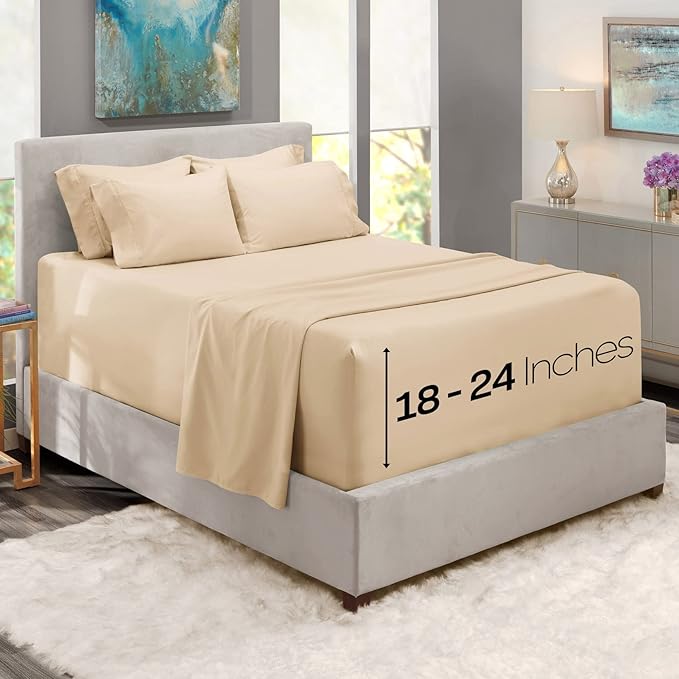 Hearth & Harbor Extra Deep Pocket Sheets - Fits Mattress 18-24 Inches Deep - Extra Deep Pocket Twin XL Sheets Sets - 4 Piece Twin XL Size - Cream