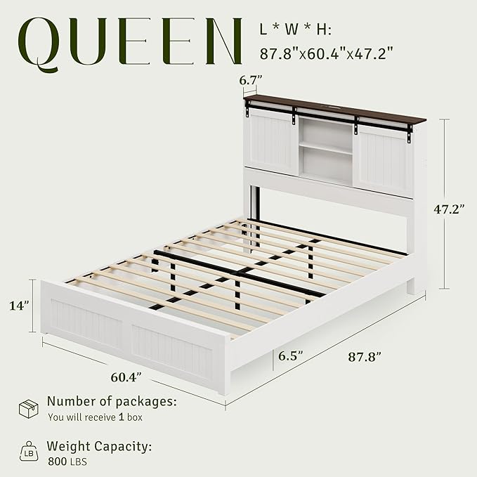 Queen Size Bed Frame with Storage, Sliding Barn Door, Farmhouse Wood Platform Bed with Reading Light and Charging Station, Wood Slats Support, Easy Assembly, Noise-Free, Antique White