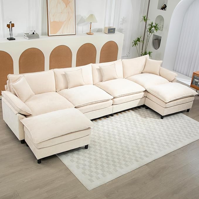Oversized Modular Sectional Sofa, 146.5 Inch U Shaped Cloud Couch Set, 4-Seat Comfy Convertible Sofa with 2 Movable Ottoman, DIY Combination Sleeper Couch for Living Room(Chenille, Beige)