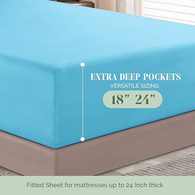 Elegant Comfort 1500 Premium Hotel Quality 18-24 Inches Deep - Extra Deep Pocket Single Fitted Sheet for High Mattress, Luxury and Softest, Smart Pocket - Wrinkle Free, Twin/Twin XL, Aqua Blue