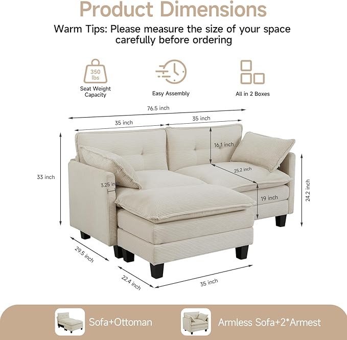 Modular Sectional Sofa, 76.5" L-Shaped Corduroy Comfy Sectional Couches for Living Room, 2-Seater Cloud Couches with 1 Movable Ottoman, Flexible Combination Modern Deep Seat Sofa (Beige)