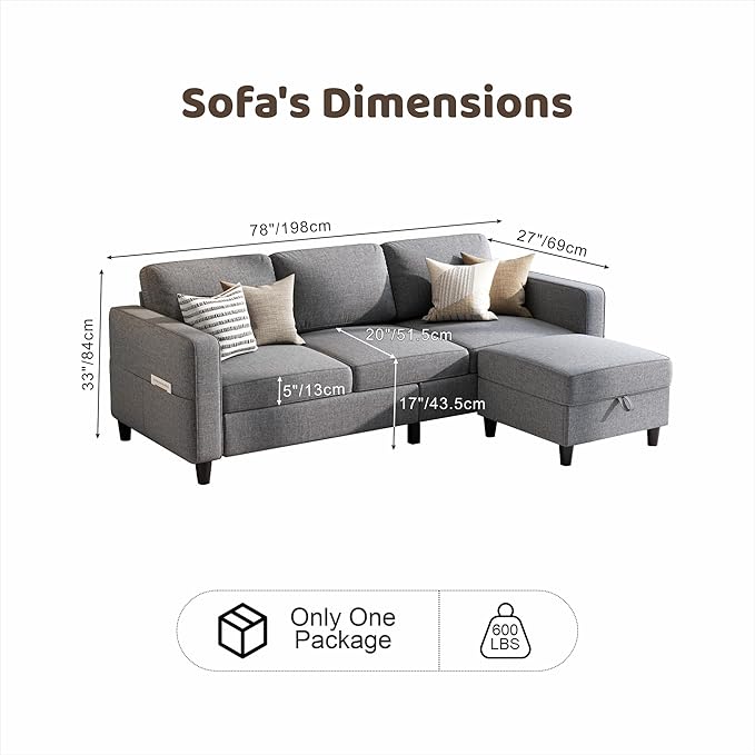 Sectional Sofas Couches for Living Room 78" L-Shaped Couch - Modern Linen Grey Sofa with Storage Ottoman for Apartments, Studios & Home Offices, Small Space