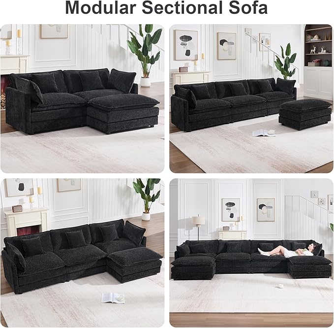 Modular Sectional Sofa with Ottoman, 76.7" Modern L Shaped Sectionals Cloud Couch, Comfy Couch Loveseat, 3 Seat Chenille Deep Seat Sofa with Pillow for Living Room,Bedroom Apartment,Small Spaces-Black