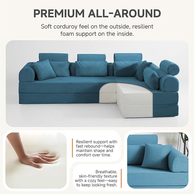 106” L Shaped Boneless Sectional Couch, Two 70.87” Pieces Convert to 141.7” Extra Long Straight Sofa, Corduroy Couch in a Box with Headrest and Back Pillows for Apartment Living Room, Light Blue