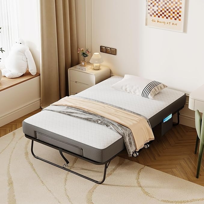 Folding Bed with Mattress for Adults, 75" x 45" XL Twin Rollaway Bed with Memory Foam Mattress, Portable Foldable Guest Bed with Metal Frame, Deluxe Extra Bed with Side Storage Pocket