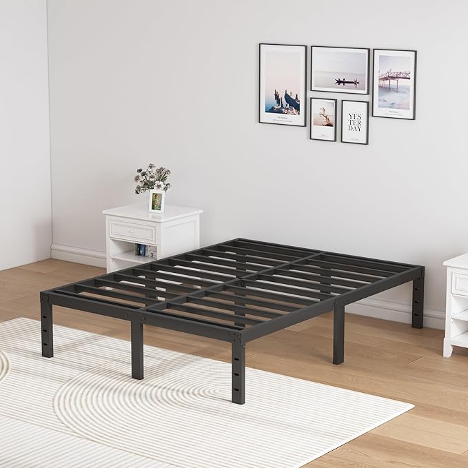 SHLAND King Size Bed Frame, 14 Inch Heavy Duty Metal Platform Bed Frame No Box Spring Needed, Mattress Foundation, Storage Space, No Noise, Easy Assembly