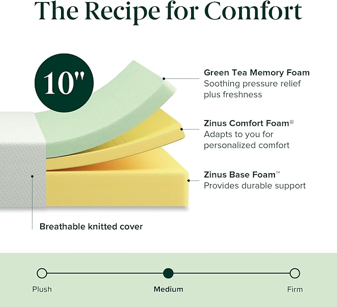 Zinus 10 Inch Queen Green Tea Memory Foam Mattress [New Version], Fiberglass Free, Medium Firm Feel, Zoned Pressure Relief, Certified Safe Foams & Fabric, Mattress in A Box