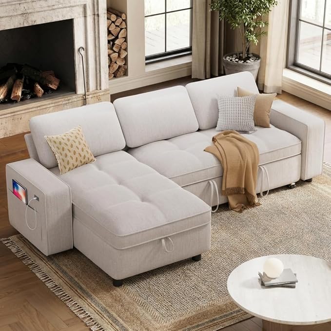 WEUP Modular Sectional Sleeper Sofa Bed, 81" L-Shaped Couch Bed with Adjustable Backrest, Pull Out Couch with Reversible Chaise Storage, USB Charging & Tool-Free Assembly, Chenille Beige | Breathable material, Tool-Free Assembly, Reclining Backrest