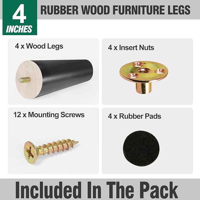 FoDau770 Black Rubber Wood Furniture Legs 4 Inches, Slant Tapered Wood Feet Mid Century Sofa Legs Set of 4, 5/16" UNC Furniture Feet Replacement Parts for Cabinet Couch Dresser Chair Ottoman Table