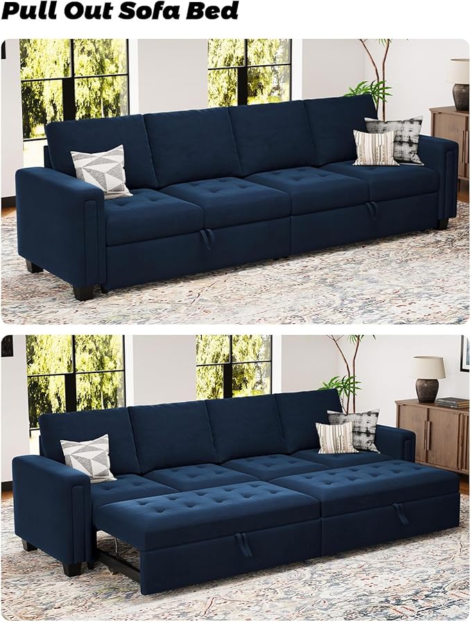 Belffin Modular Sectional Sleeper Sofa with Pull Out Bed Convertible Velvet Sleeper Sofa with Storage Sectional Couches for Living Room Blue
