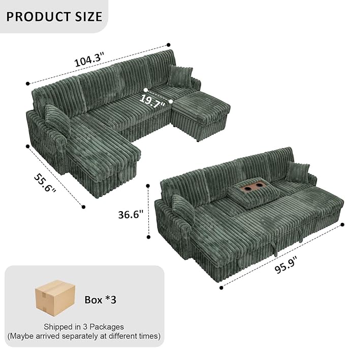 104" U Shaped Sleeper Sofa Bed, Sectional Couches for Living Room, Plush Corduroy Pull Out Couch Bed with Storage, Modular Sectional Couch with Charging Station, Cup Holder, Side Pocket, Green