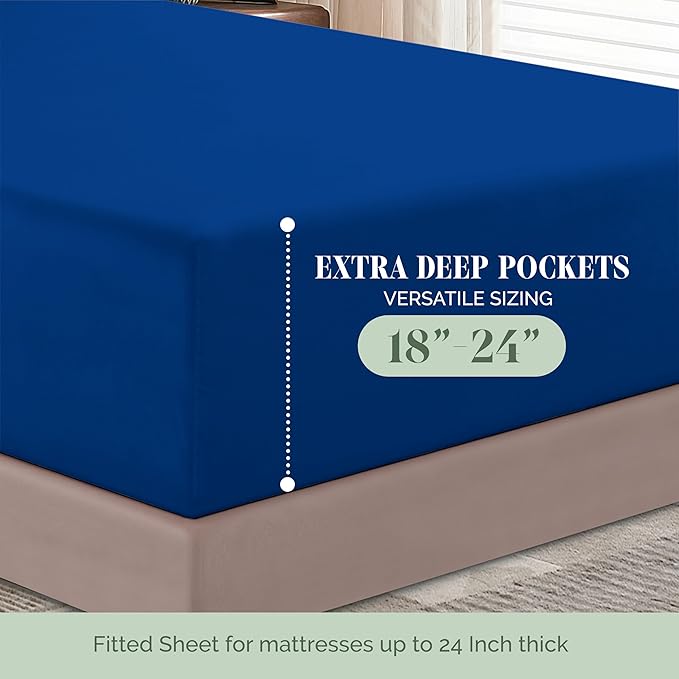 Elegant Comfort 1500 Premium Hotel Quality 18-24 Inches Deep - Extra Deep Pocket Single Fitted Sheet for High Mattress, Luxury and Softest, Smart Pocket - Wrinkle Free, Twin/Twin XL, Royal Blue