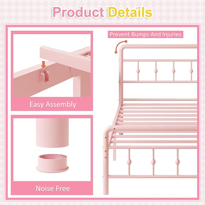 Richwanone 14 inch Twin Bed Frame with Headboard and Footboard, Heavy Duty Metal Bed Frame Victorian Style, No Box Spring Needed, Easy Assembly, Pink