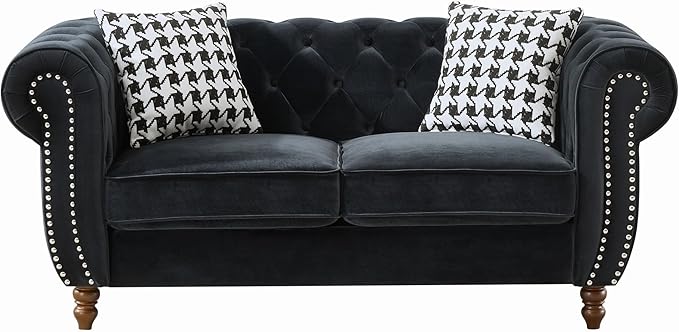 Comfortable Straight-Row Sofa with 2 Pillows,67" Refined Velvet 2 Seat Sofa with Roll Armrest & Nailhead,Sturdy Structure Upholstered Loveseat Couch for Apartment,Office,Reception Area,Black