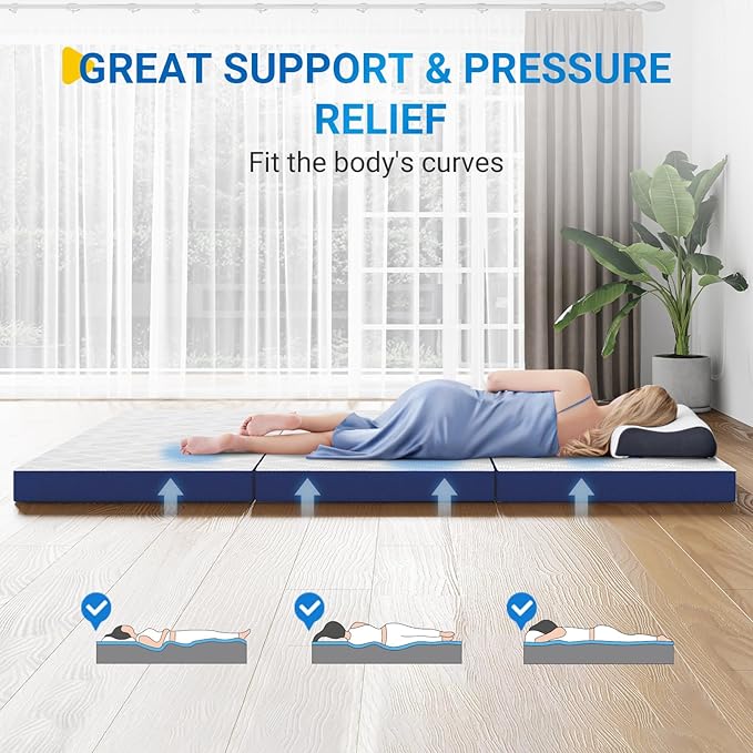Avenco Foldable Mattress Single, Folding Mattress 4 Inch Memory Foam, Trifold Mattress Portable with Removable Cover & Detachable for Guest Room/Caravan/Camping/Travel, 75"x25"x4"